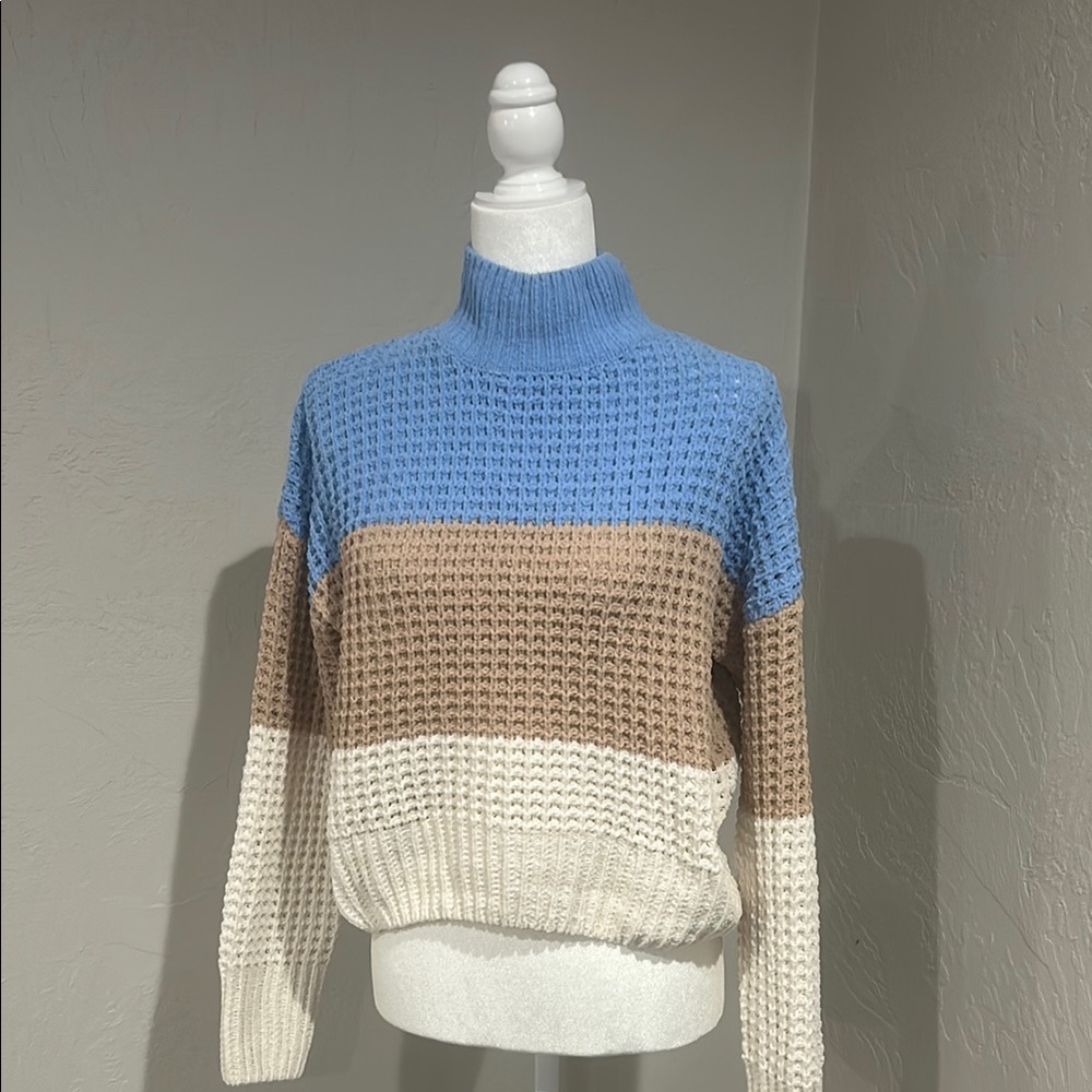 Colorblock Turtleneck Sweater - Blue, Tan, and Cream